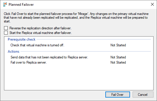 Planned Failover dialog box with dialog box showing delesected checkboxes 