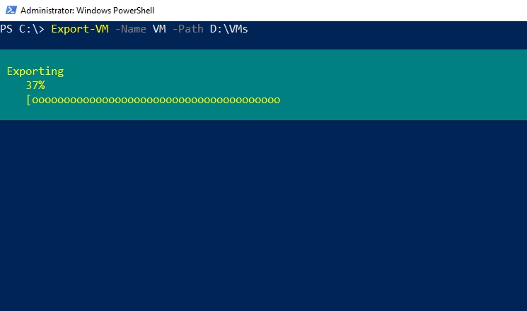 PowerShell interface notifies the user that the virtual machine is being exported