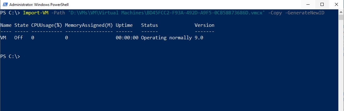 PowerShell screenshot shows Import-VM cmdlet being used to create a secondary virtual machine copy