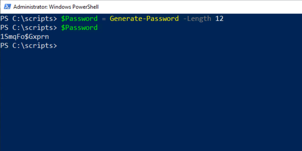 PowerShell showing that it has created a random password