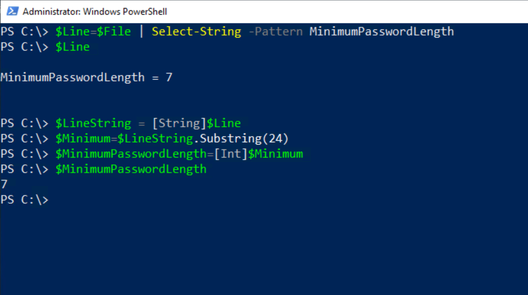 Showing PowerShell commands for extracting the minimum required password length