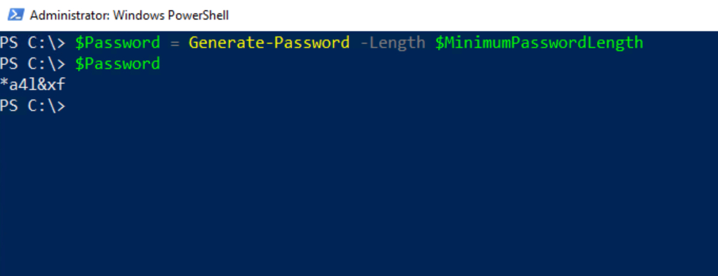 PowerShell showing the generation of a password based on the minimum required length