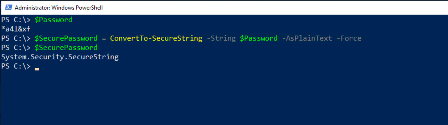 PowerShell showing the conversion of the password into a secure string