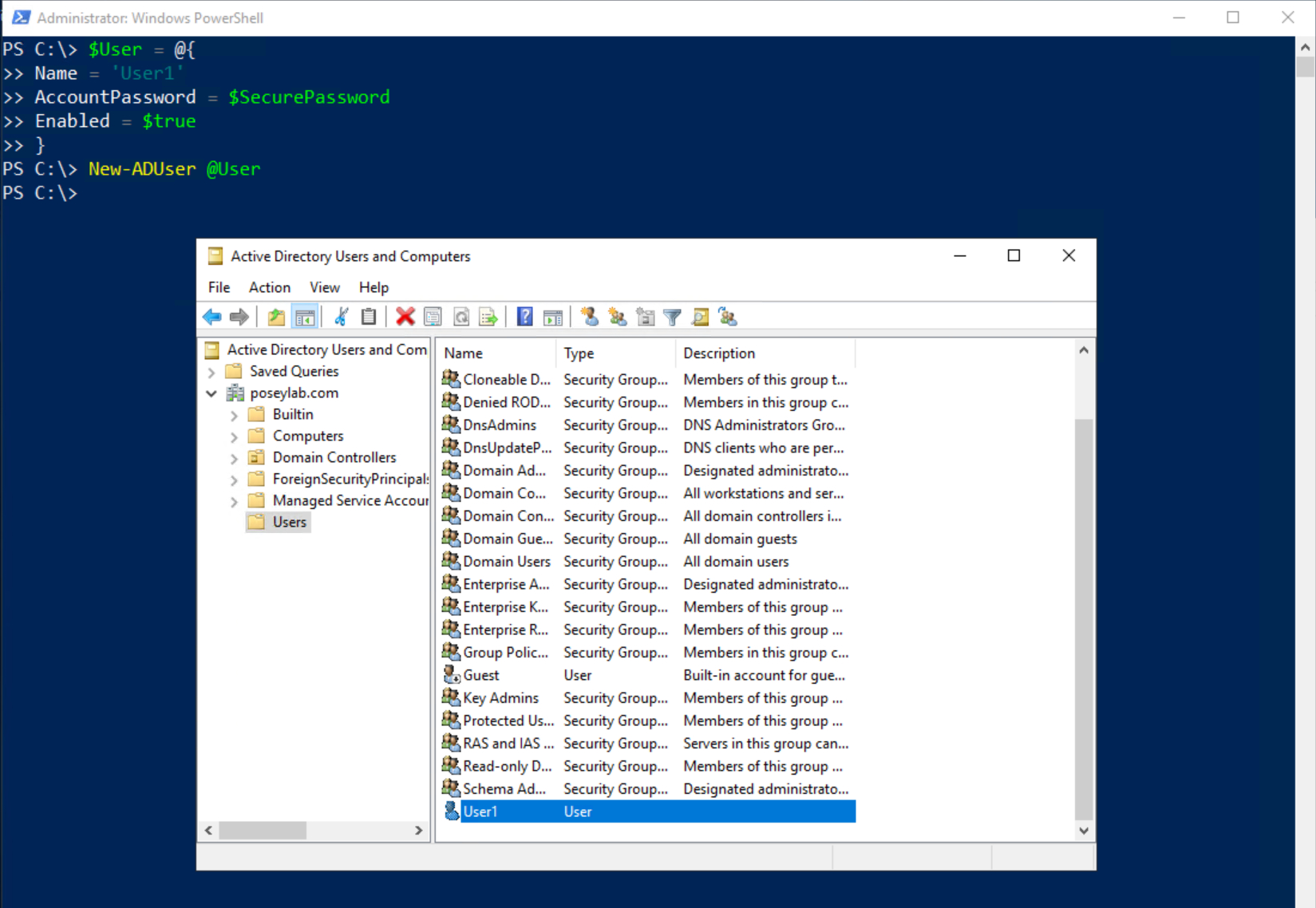 PowerShell showing the creation of an Active Directory user account
