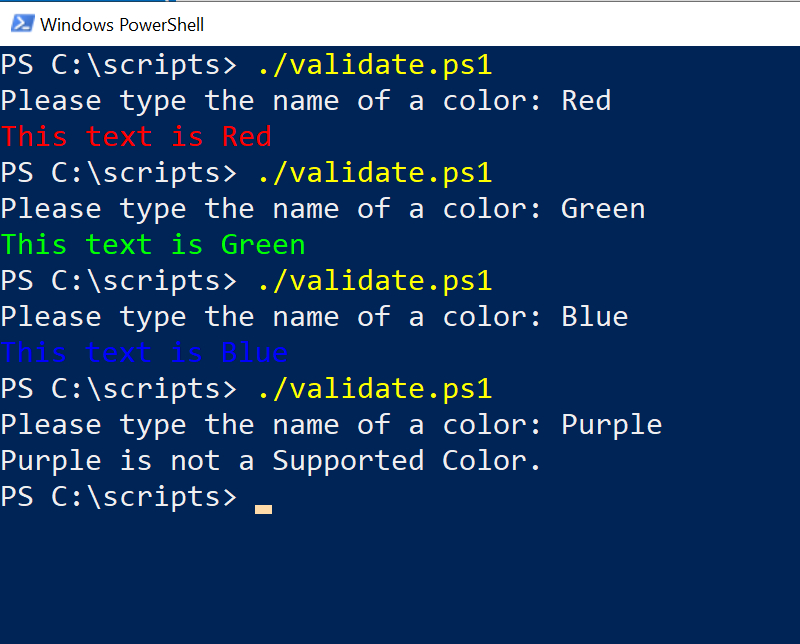 demo of PowerShell script that produces text in supported colors