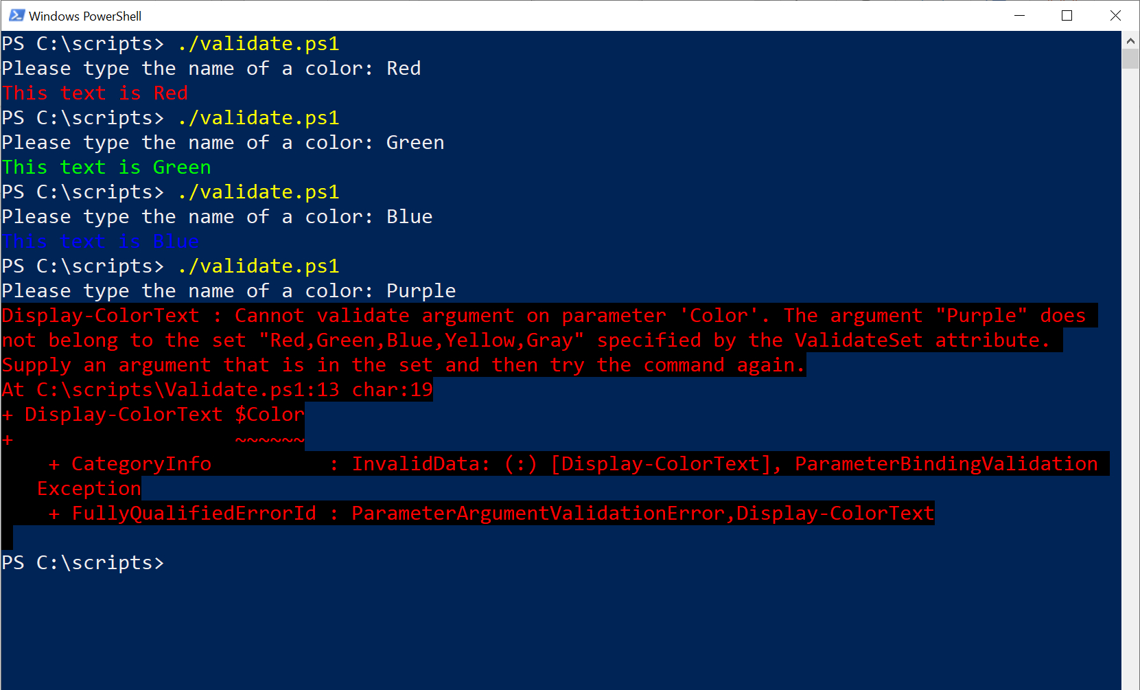 PowerShell script shows a long error message when the user enters an invalid color