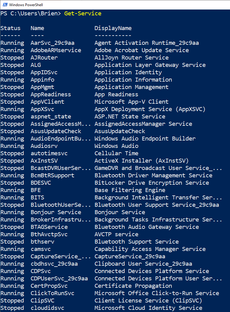 PowerShell screens shows a long list of system services, retrieved via Get-Service cmdlet 