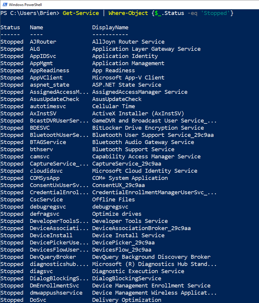 PowerShell screenshot shows list of system services that have stopped