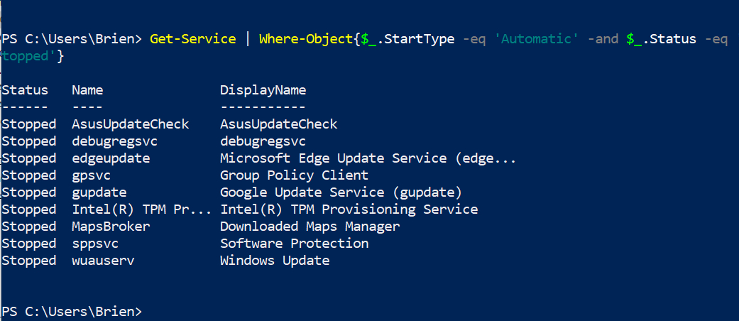 PowerShell screenshot shows a shortened list of system services